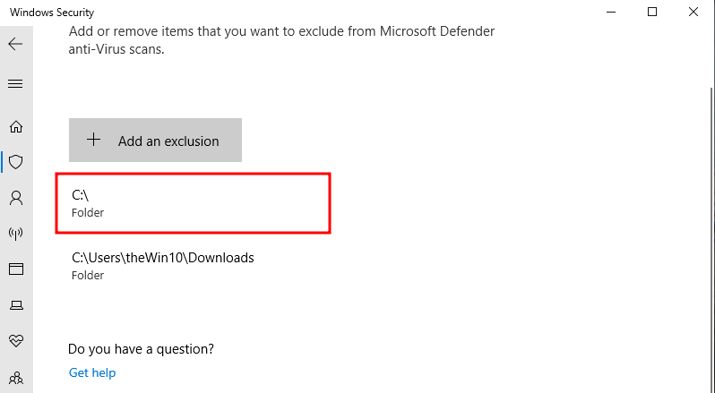 Windows Defender Exclusion Screenshot